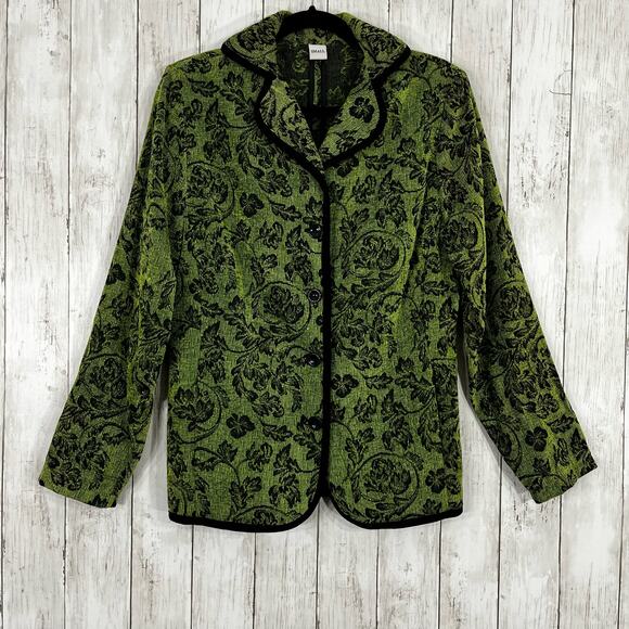 Vintage 80s 90s Green Black Floral Corduroy Button Front Collared Blazer Jacket - Picture 1 of 10